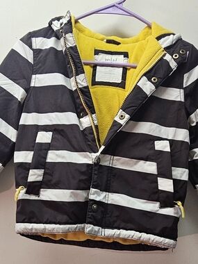 Boden Black & White Striped Puffer Jacket with Yellow Lining